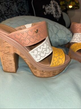 Women's Multicolor Cork Block Heel Sandal - Yellow/White/Tan. Beautiful.
